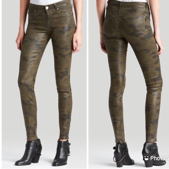 NEW HUDSON Tan Olive Sparkle Camo Nico Mid Rise Super Skinny Denim Jeans 26 - Picture 1 of 10